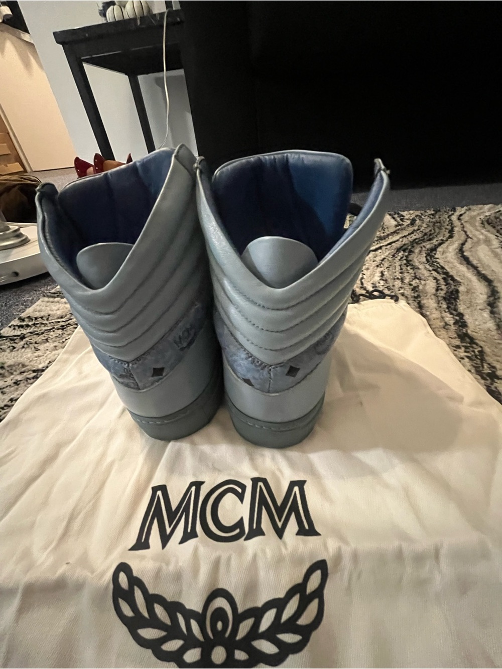 MCM Light Blue High-Top Logo Sneakers with Black Laces - Picture 3 of 5